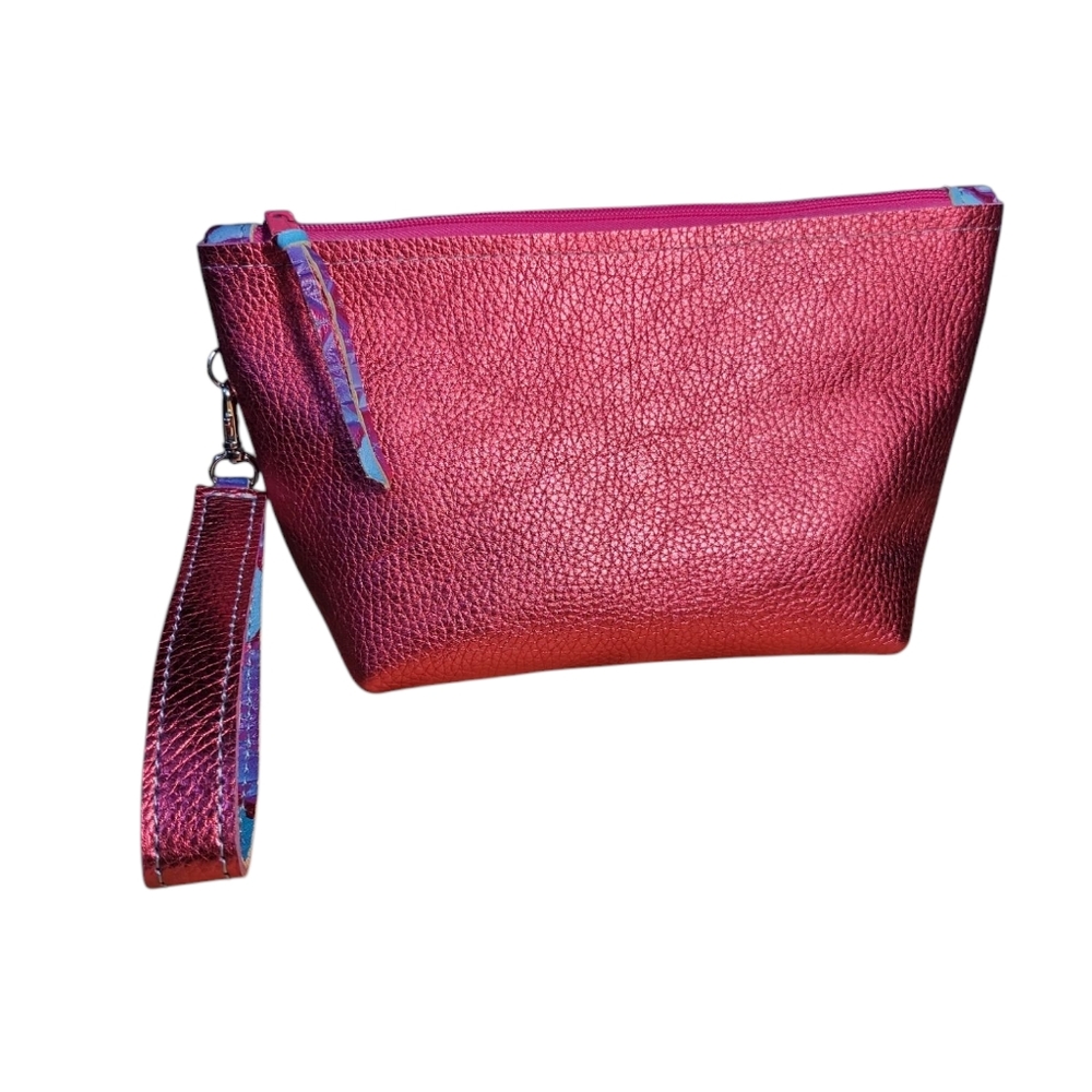 Handcrafted Genuine Leather Metallic Pink Cosmetic Bag Wristlet Clutch
